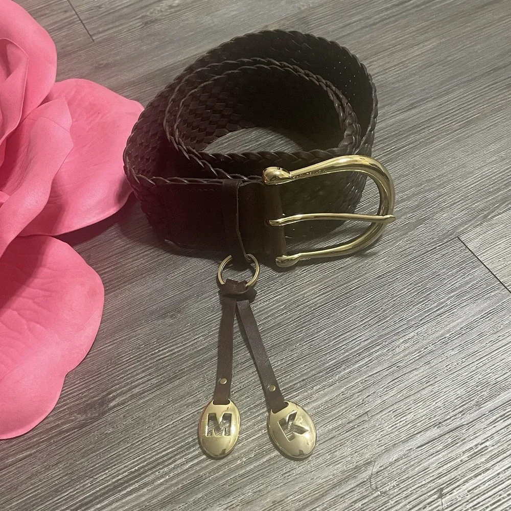 MICHAEL Michael Kors Brown Gold Braided Leather Belt XL Boho Woven MK Charm Wide